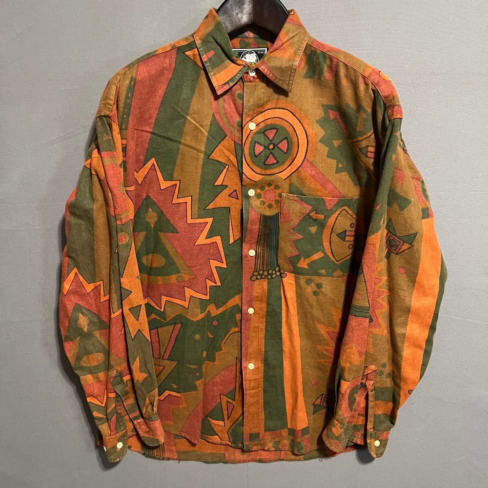 Terranova Mens Large Cotton Tribal Geometric Button Down Shirt Orange Green